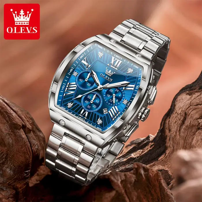 OLEVS nouveau Design Tonneau montre hommes lumineux étanche Date en acier inoxydable chronographe montres à Quartz