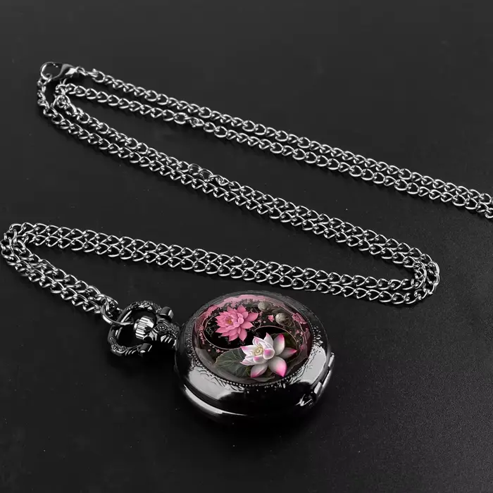 Yin-Yang Lotus Design – montre de poche à Quartz noir