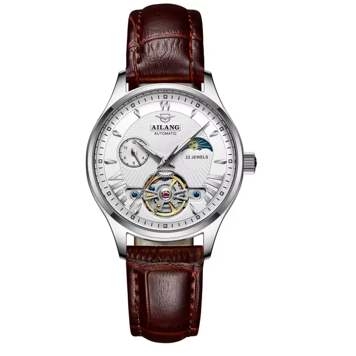 Montre automatique à phases lunaires AILANG, bracelet en cuir de luxe, squelette, étanche, cadeau d'