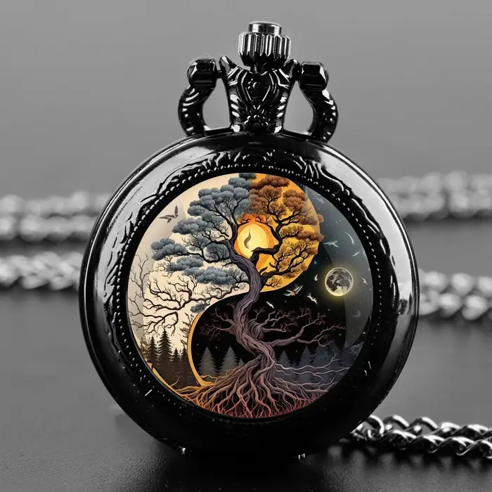 Montre de poche à quartz au design vintage arbre de vie