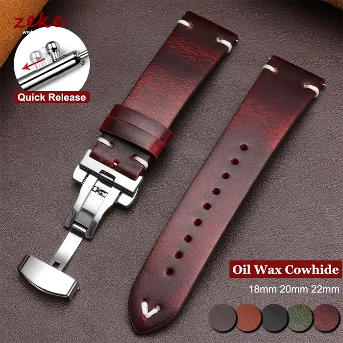 Bracelet de montre en cuir huilé vintage 18mm20mm 22mm pour Seiko Boucle papillon Couture