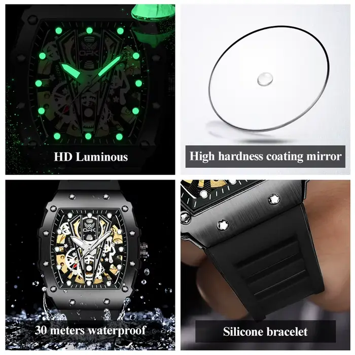 OPK 8180 homme montre bracelet en Silicone mode décontracté Tonneau cadran creux conception étanche lumineux Original montres mécaniques