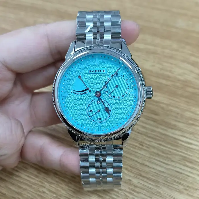 Parnis 42mm boîtier en argent cadran jaune automatique mécanique montre pour hommes réserve de marche calendrier