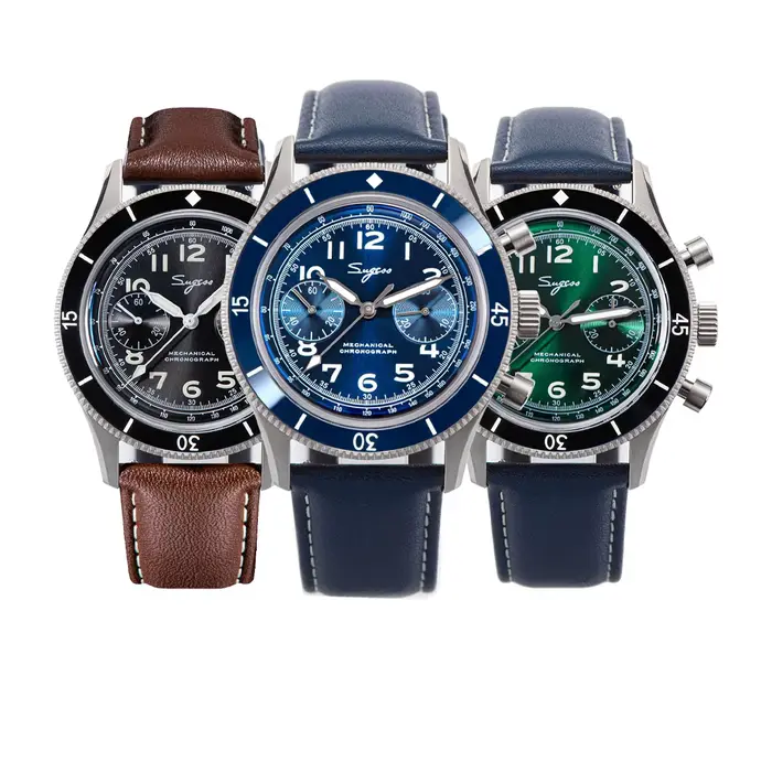 Montre SUGESS Pilote Hommes Chronographe Mécanique Squelette Lumineux Cristal Saphir Cuir Occasions Spéciales