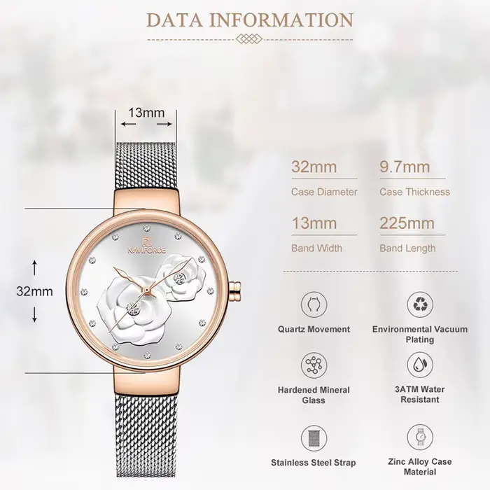 Montre Naviforce en acier inoxydable résistante à l'eau pour femmes élégantes et actives diverses occasions et styles