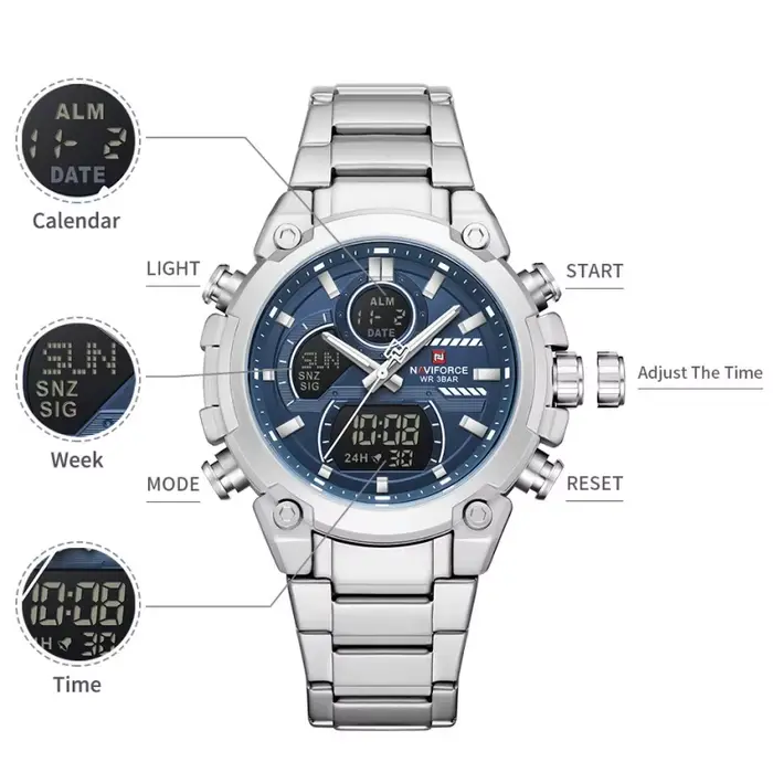 Montre-bracelet NAVIFORCE NF9278 multifonction sportive pour homme avec double affichage analogique-digital et chronographe