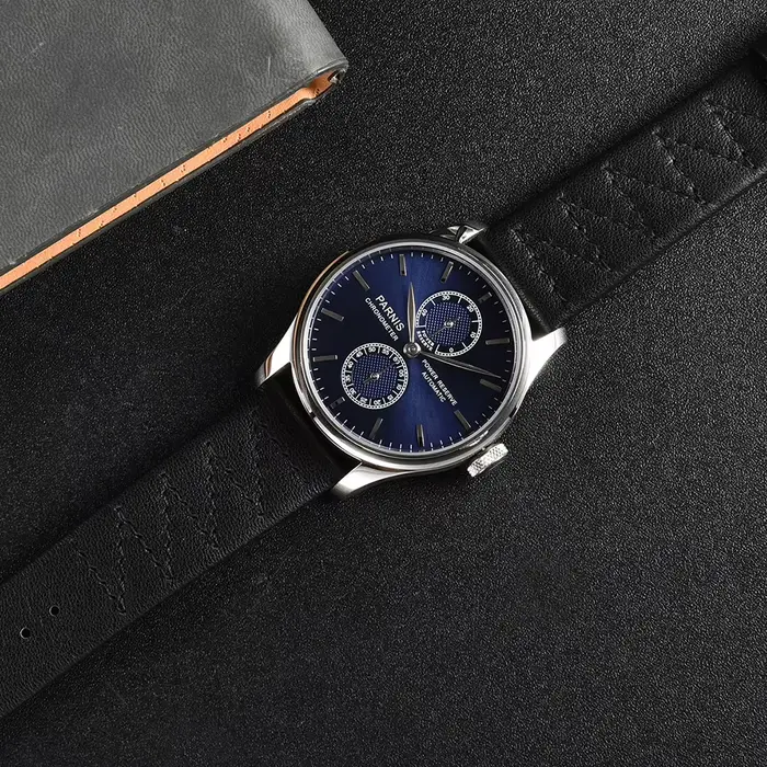 Nouvelle mode Parnis 43mm cadran bleu automatique montre pour hommes réserve de marche montres mécaniques bracelet en