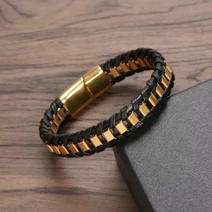Bracelets classiques en cuir et acier inoxydable tissés à la main pour hommes