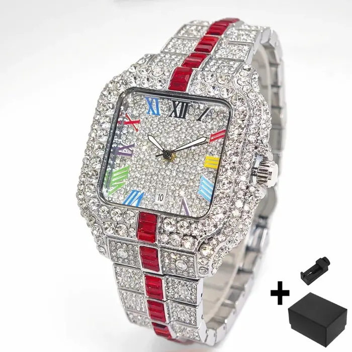 2025 marque de luxe hommes montre à Quartz mode arc-en-ciel numérique Rome cadran calendrier étanche Hip Hop diamant montre-bracelet pour homme cadeau