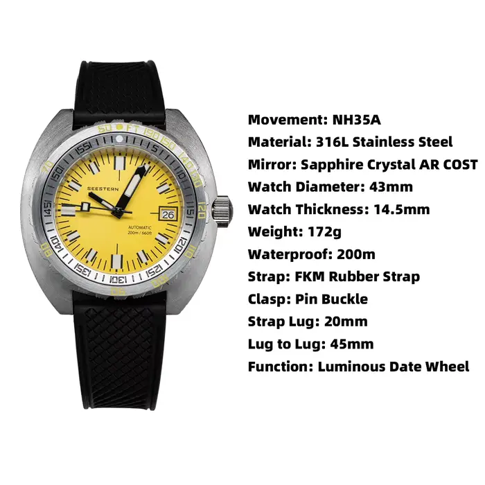Montre SEESTERN SUB300T Argent Sportive Plongée Mécanique Bracelet Caoutchouc Occasions Spéciales Robuste Élégante