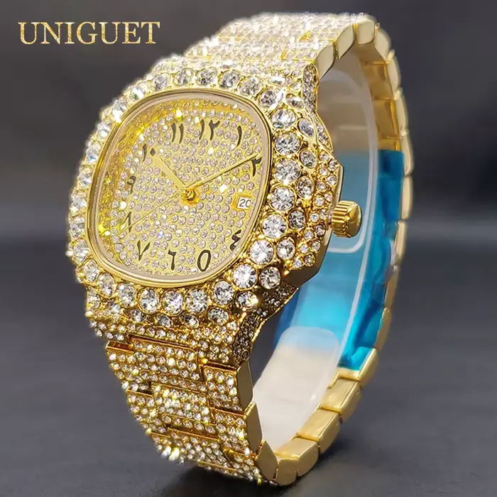 Montres scintillantes pour hommes, classique et luxueux, plaqué or, glacé, calendrier carré, pointe 