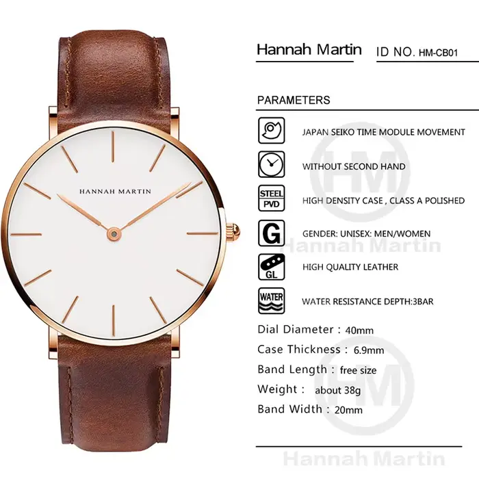 Hannah Martin marque mode japon montres à Quartz argent marron cuir hommes montre étanche robe