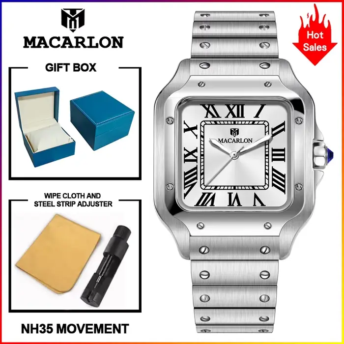 Nouvelle montre mécanique MACARLON Design 2026, 38 mm, verre saphir, luminescent, acier inoxydable, 