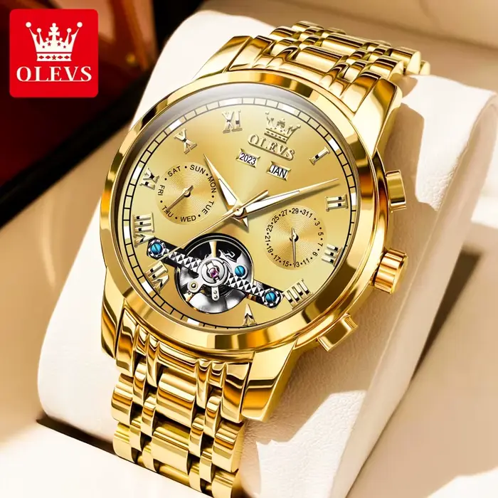OLEVS 6607 montres entièrement automatiques en acier inoxydable squelette volant double calendrier h