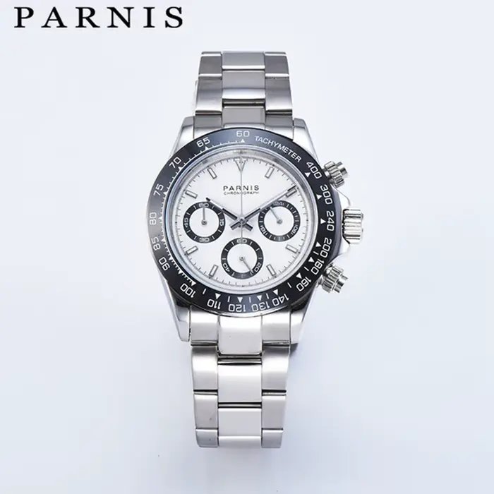 Montre homme Fashion Parnis avec cadran 39mm chronographe quartz acier inoxydable résistance à l'eau cristal saphir occasionnels élégants