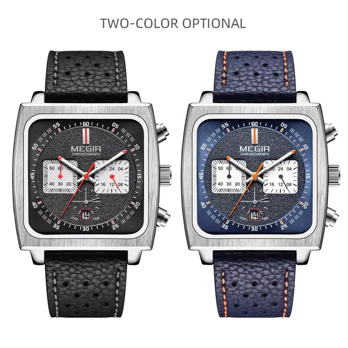 MEGIR cadran carré chronographe montres à Quartz pour hommes mode bracelet en cuir bleu montre-bracelet de Sport décontractée avec Date 24 heures 2182