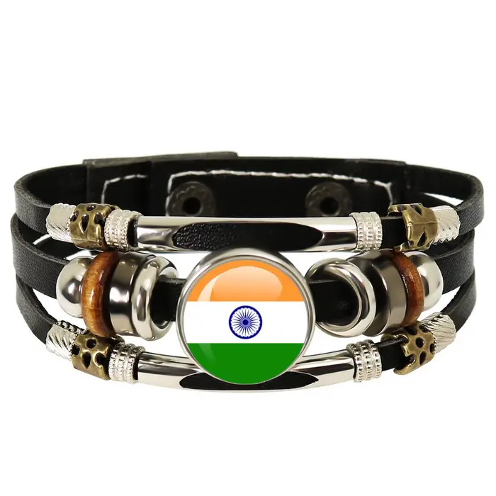 Bracelet en cuir noir tissé à la main, bijoux multi-couches, drapeaux nationaux de Trinité-et-Tobago