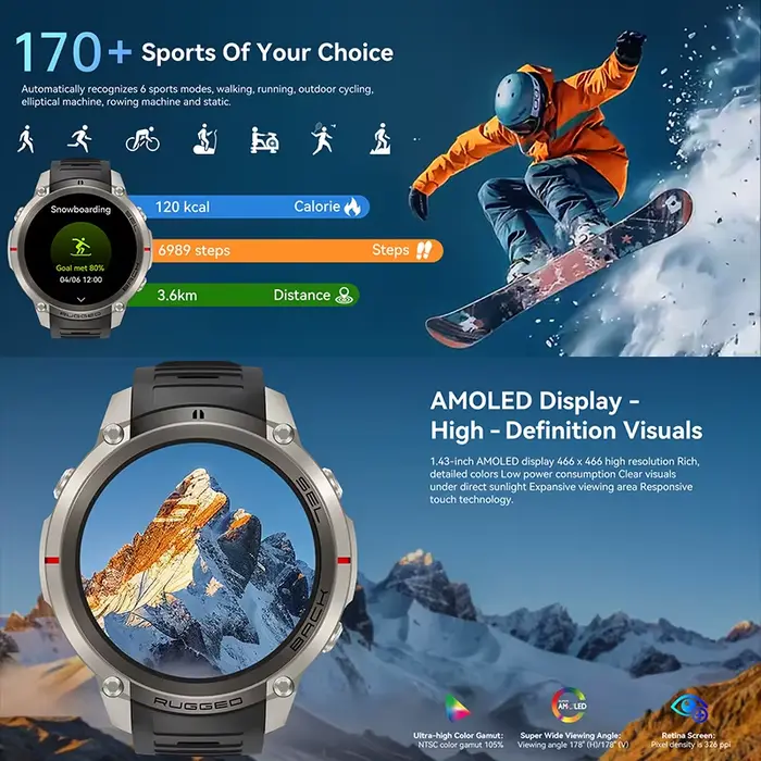 Montre GPS d'extérieur avec 170 modes sportifs, moniteur de fréquence cardiaque, suivi du sommeil et plus de 170 langues supportées pour homme et femme
