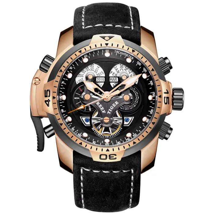 REEF TIGER-Montre de sport automatique pour homme, calendrier abaissé, or rose, cadran noir, bracele