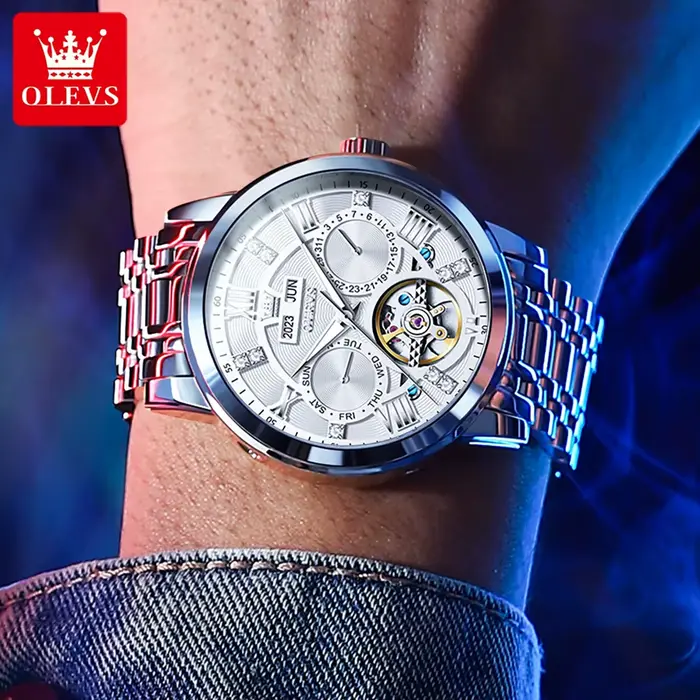 OLEVS montres pour hommes Skeketon volant automatique mécanique montre-bracelet originale pour homme étanche lumineux calendrier perpétuel
