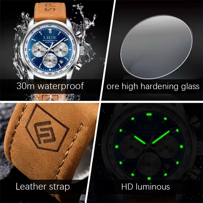 Nouvelle Montre Homme 2026 LIGE Montre en Cuir Luxe pour Homme Mode Sport Chronographe Quartz Étanche Occasions Spéciales
