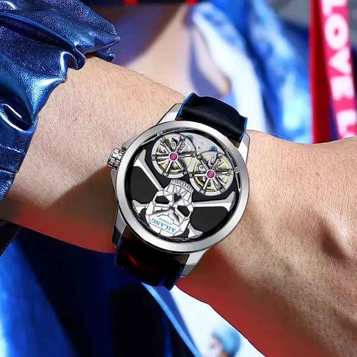 Punk Steam Skull deux Tourbillon Design homme montre creux automatique mécanique étanche hommes montre-bracelet
