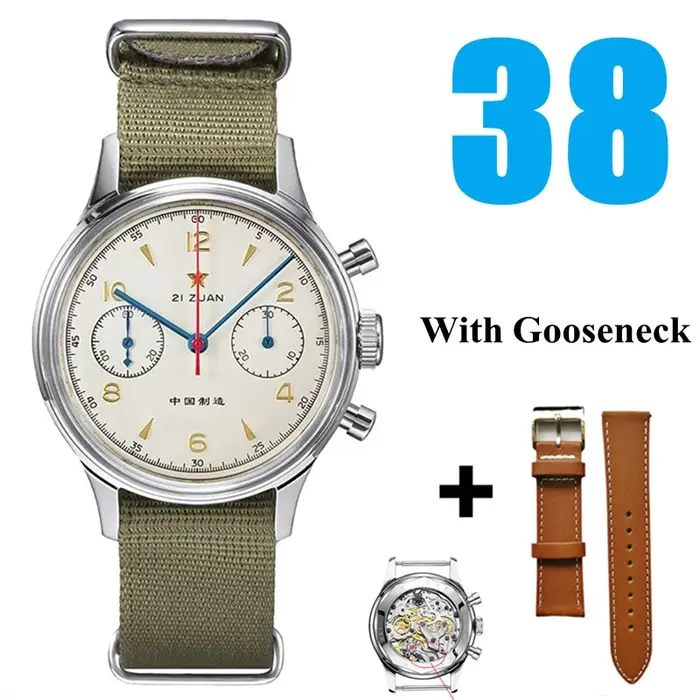 Montre mécanique Red Star 38mm chronographe pilot homme résistance à l'eau 50m quartz acier bracelet cuir occassions spéciales