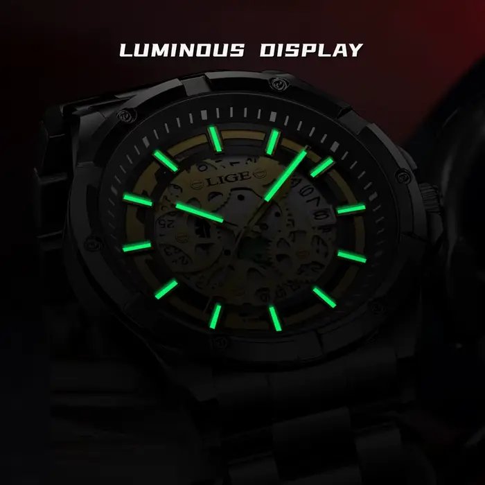 Montre Homme LIGE 2026 – Montre-Bracelet Squelette à Quartz Dorée Rétro