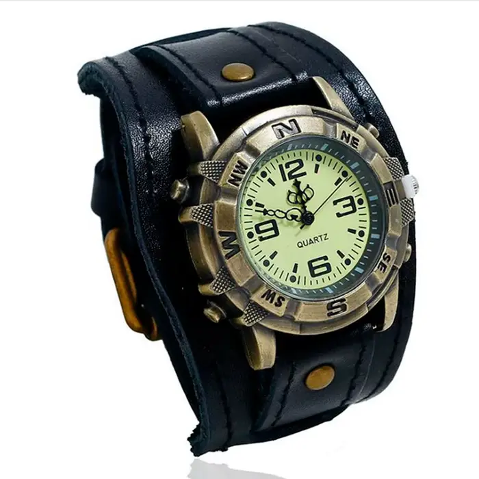 2025 Relogio rétro grand large Bracelet en cuir véritable montre hommes Punk Quartz manchette