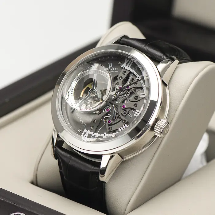 OBLVLO Luxe Rétro Casual Hommes Squelette Automatique Montres Mécanique Bracelet En Cuir De Veau Cristal Minéral Verre Étanche Cadran 45 VM