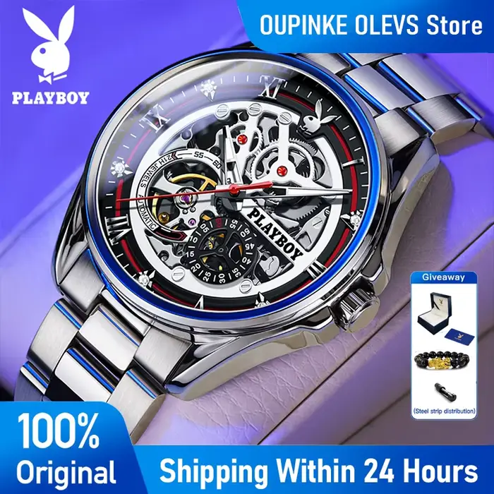 Montre de luxe masculine Playboy 3032 automatique squelette acier inoxydable résistante à l'eau pour hommes affaires décontractées occasions spéciales