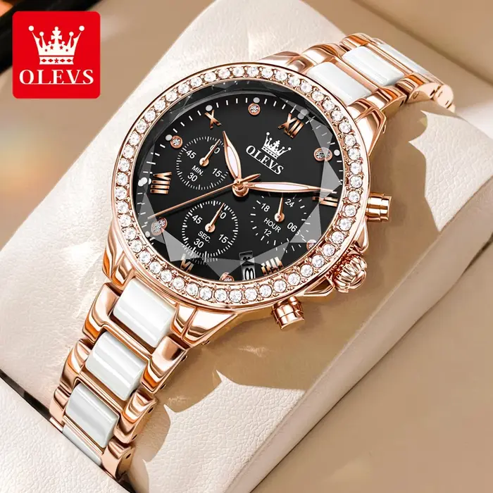 Montre OLEVS Quartz Élégante avec Fonction Chronographe et Calendrier Complet Bracelet Acier Inoxydable pour Femmes Occasions Spéciales