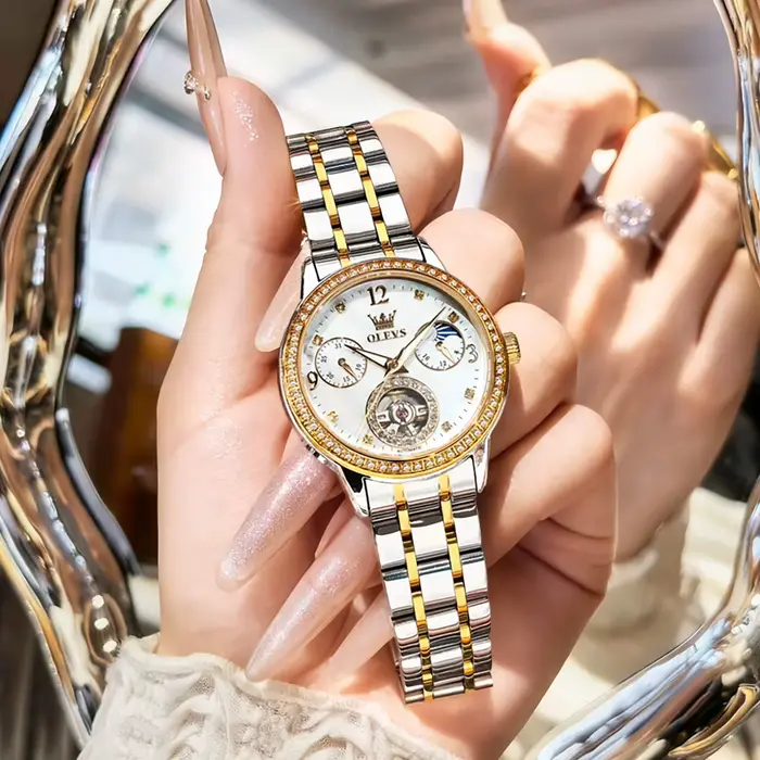Montre mécanique pour femme OLEVS 6705 authentique avec mouvement tourbillon serti de diamants