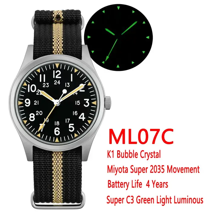 Militado ML07C Vintage 36mm montre à Quartz mis5 Super 2035 mouvement bombé saphir cristal lumineux 10Bar montres étanches