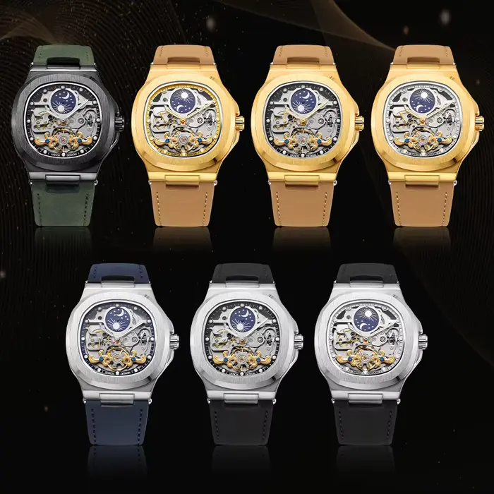 2025High-end luxe SKROX carré homme montre saphir Tourbillon acier squelette Phase de lune mouvement automatique en cuir hommes montres