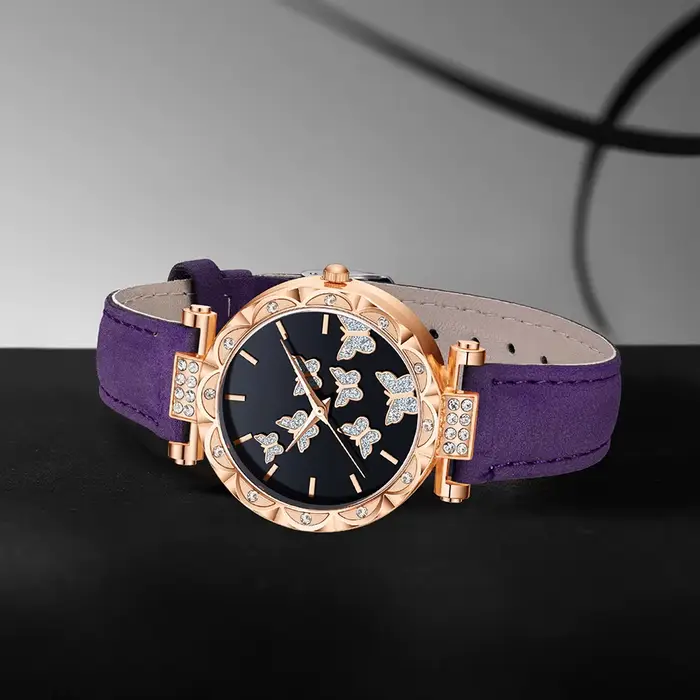 Ensemble de montres pour femmes en or rose avec bracelet en cuir violet