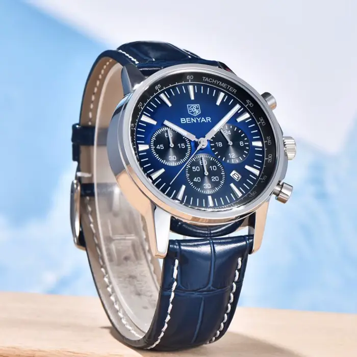 Montre homme BENYAR à Quartz avec bracelet en cuir résistant à l'eau pour hommes élégants occaions spéciales et quotidiennes