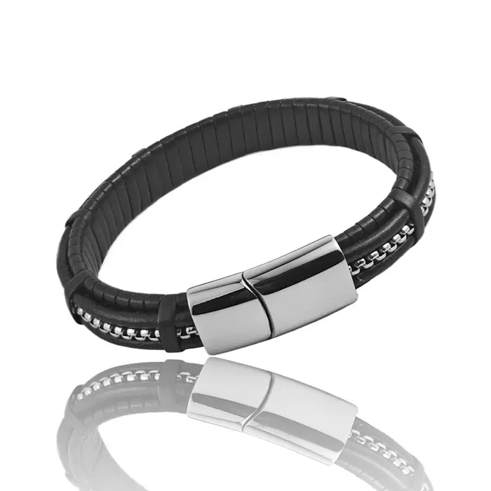 Bracelet en cuir et acier inoxydable pour homme