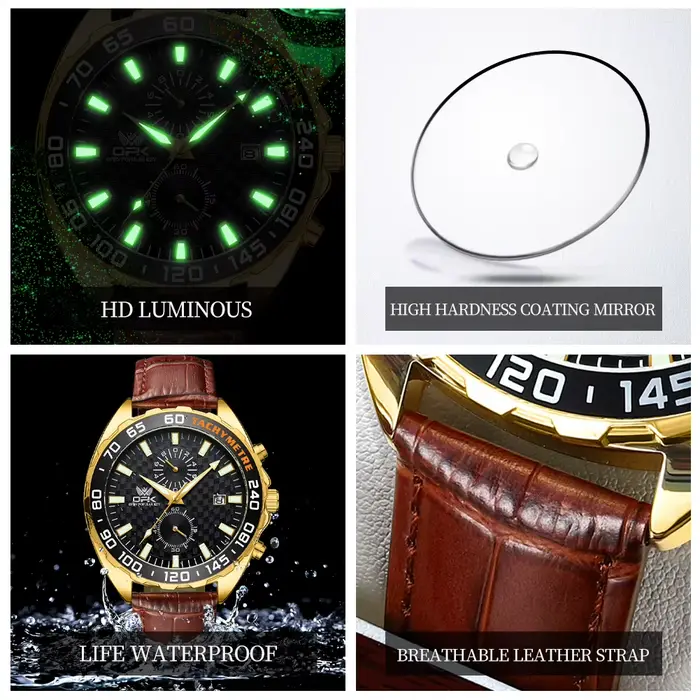 Montre à quartz OPK 8163 avec tachymètre, date automatique et chronographe pour homme, résistante à l'eau, bracelet en cuir, style mode et décontracté