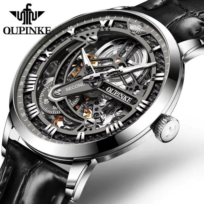 OUPINKE 3173 bracelet en cuir d'origine automatique creux mécanique montre-bracelet pour hommes chro