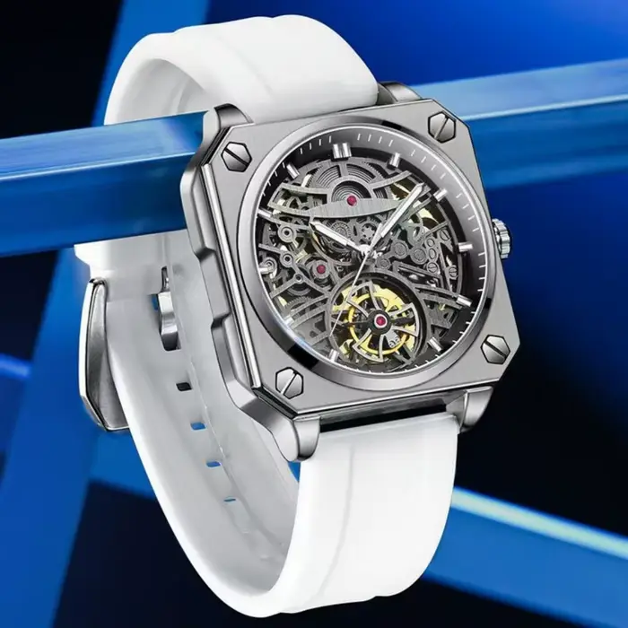 Montre mécanique squelette BLUO en acier inoxydable pour homme, résistante à l'eau et lumineuse, idéale pour les affaires et les soirées élégantes