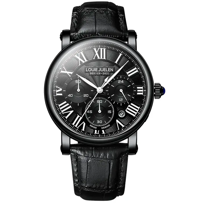 Montre pour hommes affaires haut de gamme bracelet en cuir véritable multi fonctionnel trois yeux étanche mâle mode montres à Quartz