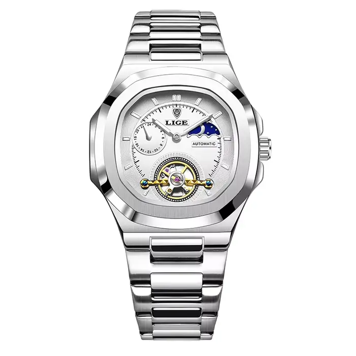 LIGE double secondes montre Tourbillon 24 heures montre mécanique hommes en acier inoxydable montre 