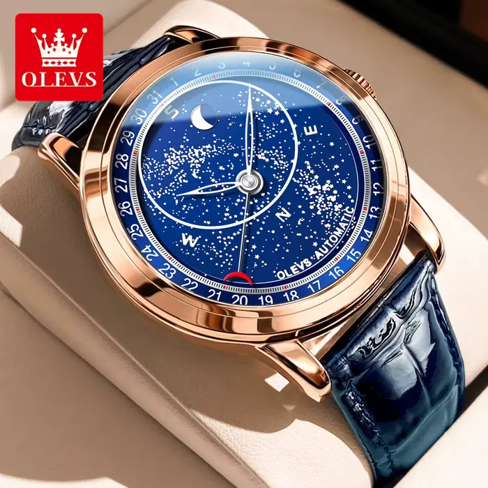 Montre mécanique automatique OLEVS 9923 phase de lune bracelet en cuir étanche pour homme occasions spéciales nocturnes