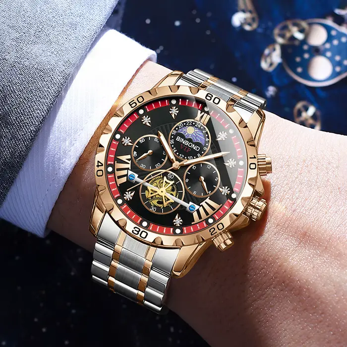 Montre de luxe BINBOND à quartz sportive avec chronographe pour homme résistante à l'eau pour diverses occasions