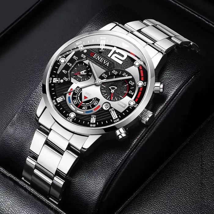 Montre chronographe pour homme avec bracelet en acier argenté