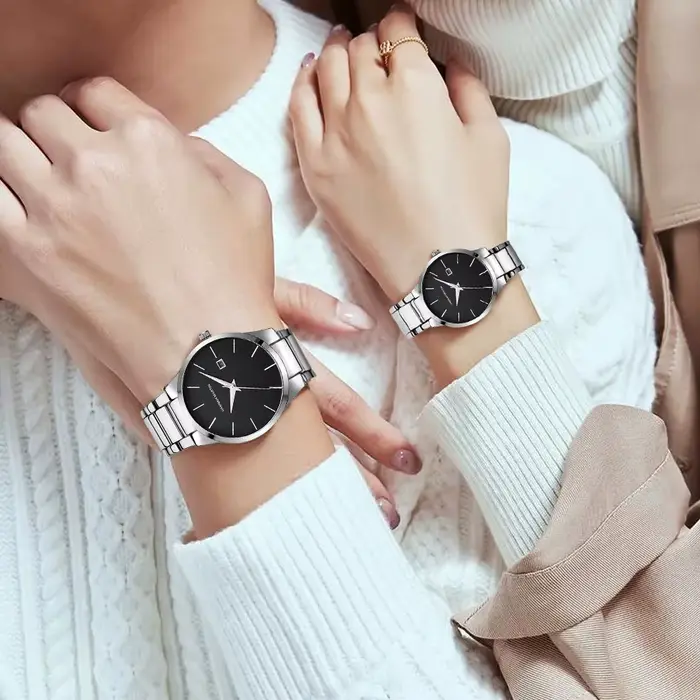 Montre à Quartz en Acier Inoxydable Noir pour Homme et Femme