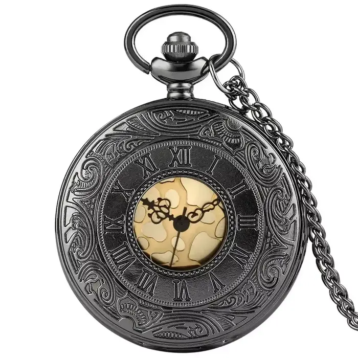Montre de poche en bronze gravée chiffres romains, boîtier ajouré, mouvement à quartz, pour hommes e