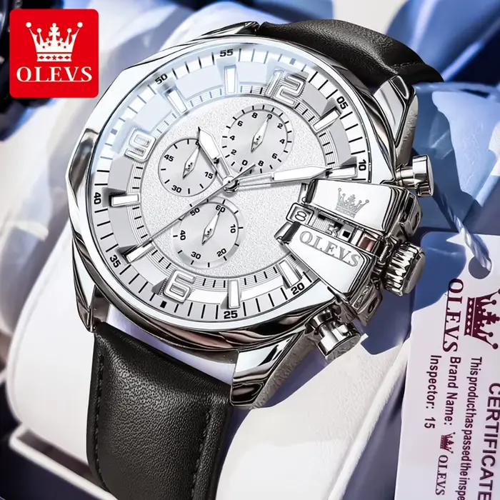 Montre OLEVS 2978 pour homme mouvement quartz cadran chronographe lumineux bracelet cuir fenêtre de calendrier résistance à l'eau 30m occassions spéciales style décontracté et élégant