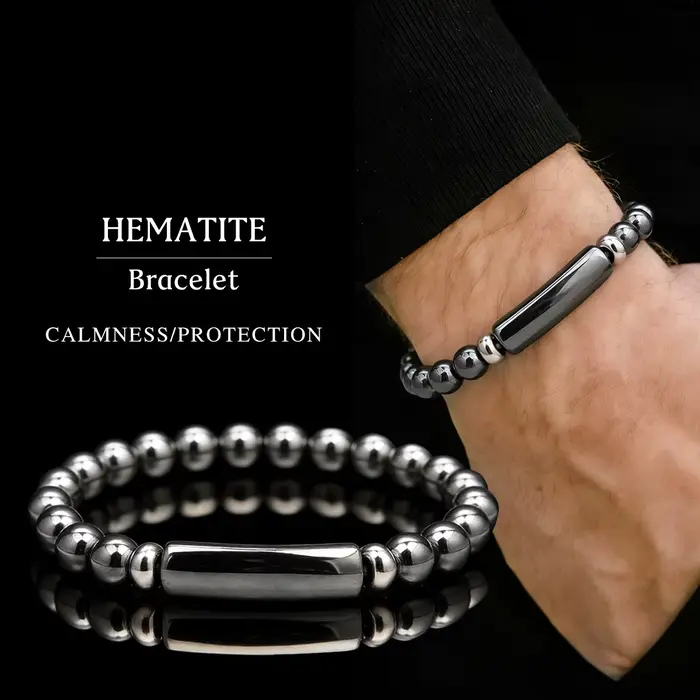 Bracelet en hématite naturelle pour hommes – Perles en forme de baril pour la paix
